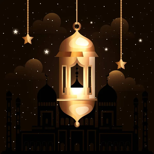 Poster ramadan kareem com lanterna e estrelas penduradas —  Vetores de Stock