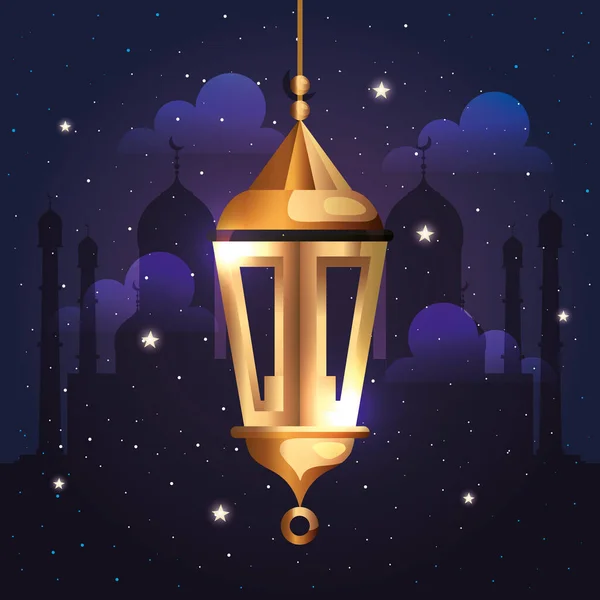 Affiche ramadan kareem avec lanterne suspendue — Image vectorielle