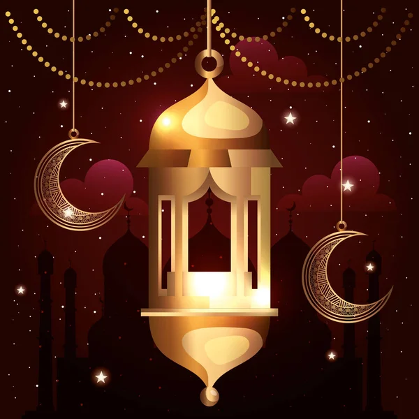 Ramadan kareem poster met manen en lantaarn opknoping — Stockvector