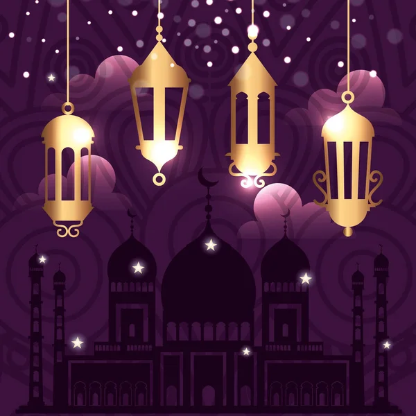 Affiche ramadan kareem avec des lanternes suspendues — Image vectorielle