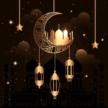 Ramazan Kareem posteri. Ay ve fenerler asılı.