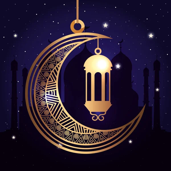 Affiche ramadan kareem avec lune et lanternes suspendues — Image vectorielle