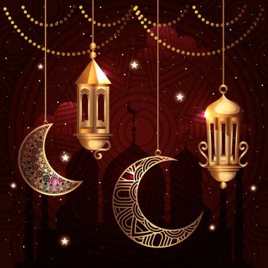 Ramazan Kareem posteri. Fenerler ve uydular asılı.