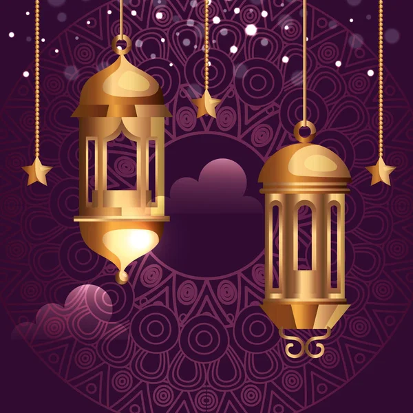 Ramadan kareem poster with lanterns and stars hanging — Stock Vector