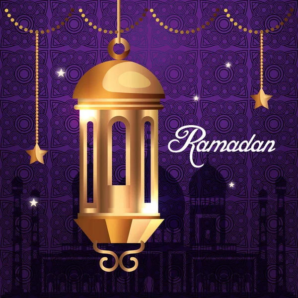 Плакат Рамадан Карим с фонариком и зависающими звездами — стоковый вектор