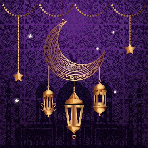 Poster ramadan kareem com lua e lanternas penduradas — Vetor de Stock