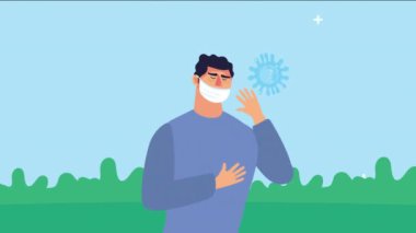 Yüz maskesi ve covid 19 parçacığı olan kişi