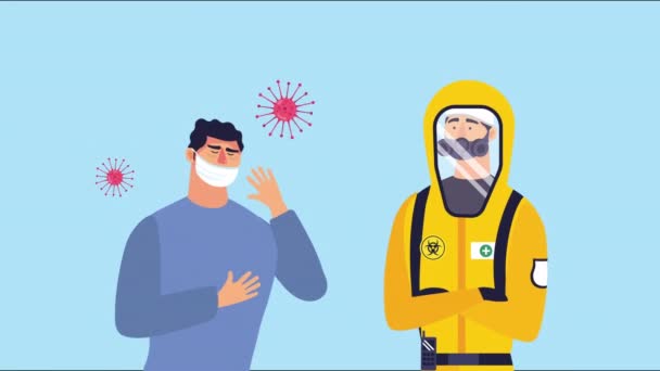 Personen met gezichtsmasker en biosafety pak covid 19 deeltjes — Stockvideo