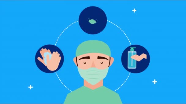 Surgeon with covid 19 set icons animation — Stock Video