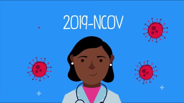 Covid 19粒子を持つアフロ女性医師 — ストック動画