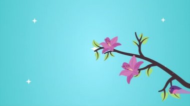 Kuş animasyonuyla dallanmış güzel çiçekler