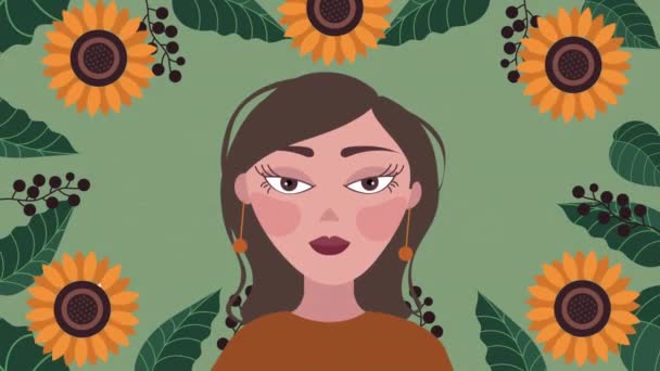 Χαρούμενη γυναικεία κάρτα ημέρας με ηλιέλαιο και γυναίκα χαρακτήρα — Αρχείο Βίντεο