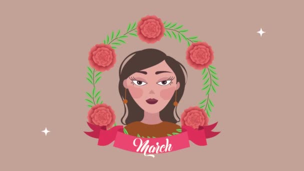 Happy womens dag kaart met rosea en vrouw karakter — Stockvideo
