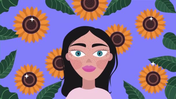 Tarjeta de día feliz para mujer con carácter de girasol y mujer — Vídeo de stock