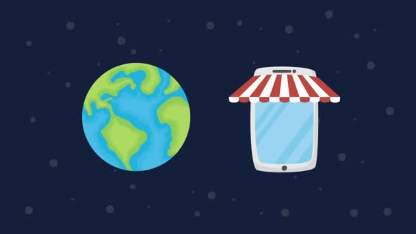 Tecnologia de compras on-line com smartphone e planeta terra — Vídeo de Stock