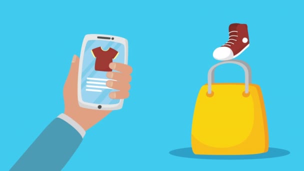 Online-Shopping mit Smartphone und Tasche — Stockvideo