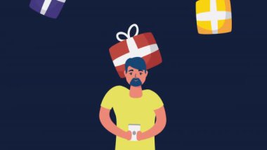 Akıllı telefon kullanan adam online alışveriş teknolojisi ve hediyeler kullanıyor.