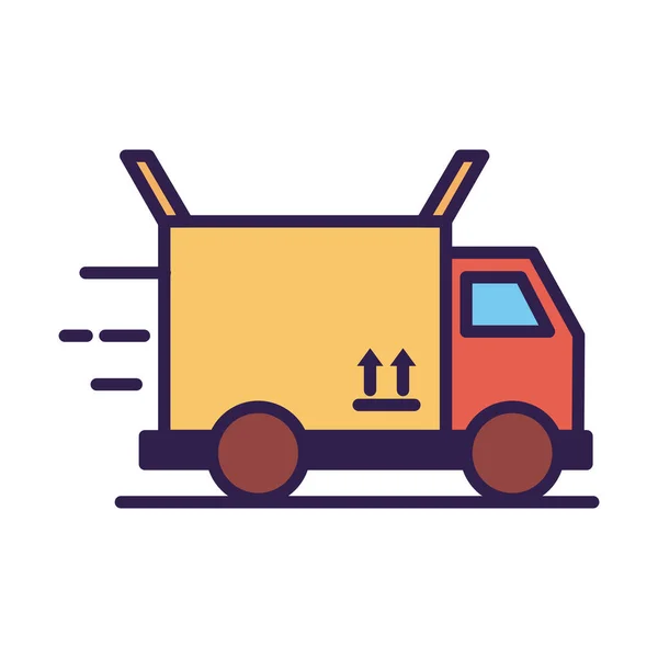 Vrachtwagen met doos doos verpakking levering lijn en vul — Stockvector