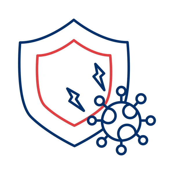 Escudo com covid 19 ícone de estilo de linha de partículas — Vetor de Stock