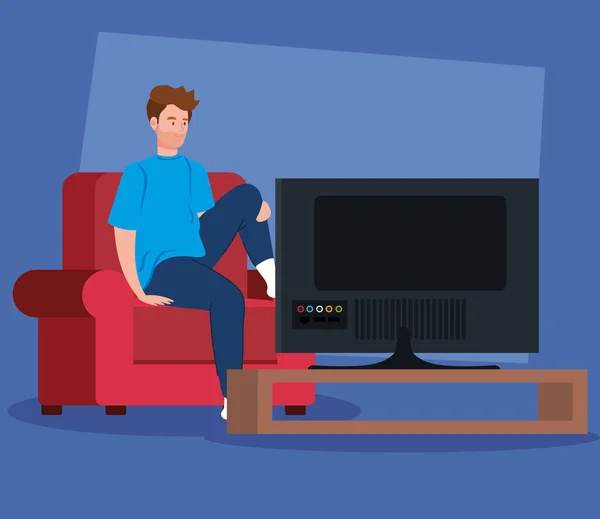 Campanha ficar em casa com o homem assistindo tv —  Vetores de Stock