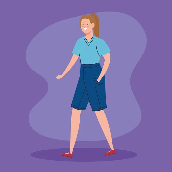 Jeune femme avatar de marche personnage icône — Image vectorielle