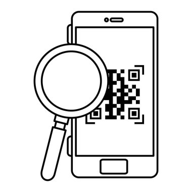 Akıllı telefon ve lupe vektör tasarımı içindeki qr kodu