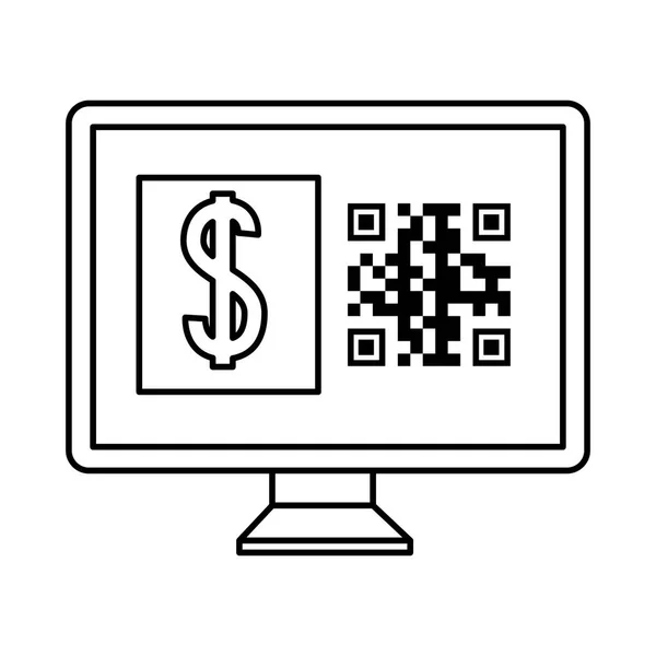 Código qr dentro do computador e design do vetor dólar — Vetor de Stock