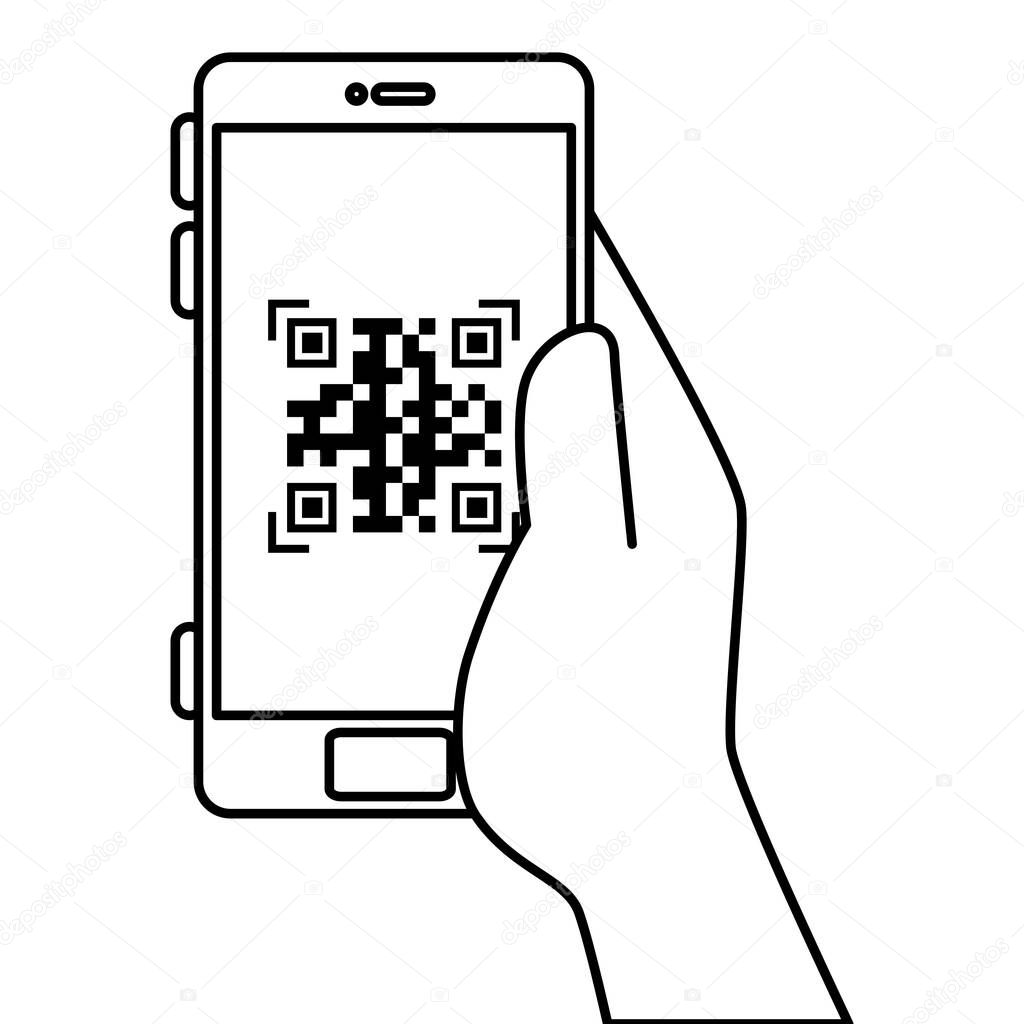 hand and qr code inside smartphone vector design