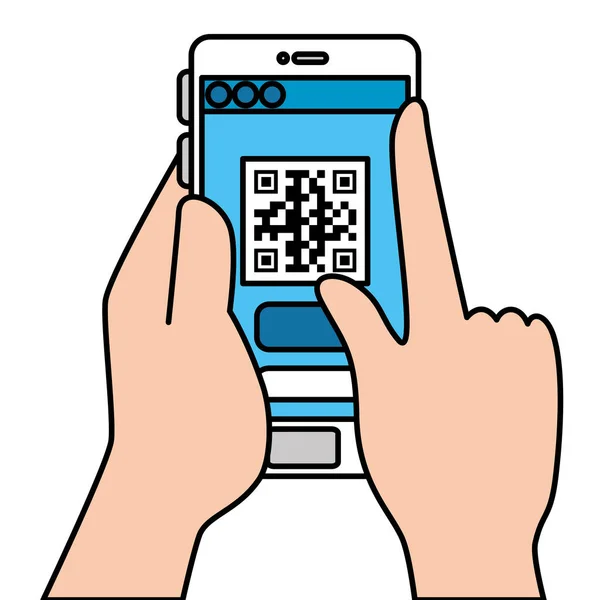 Handen en qr code in smartphone vector ontwerp — Stockvector