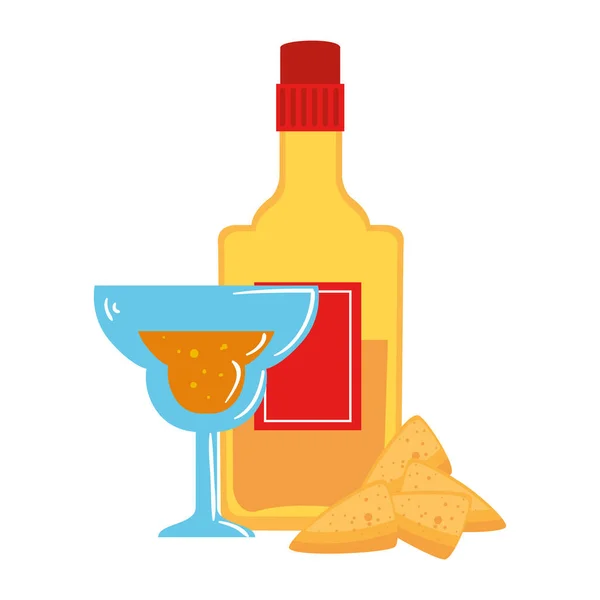 Isolato messicano bottiglia di tequila cocktail e nachos vector design — Vettoriale Stock