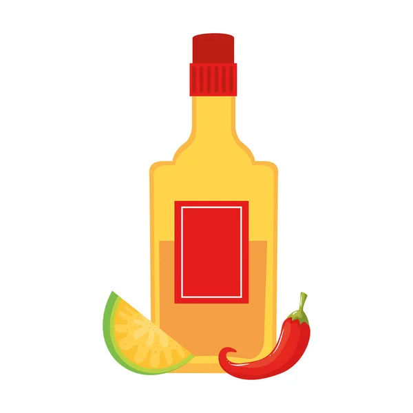 Isolé bouteille de tequila mexicaine chili et citron vecteur design — Image vectorielle