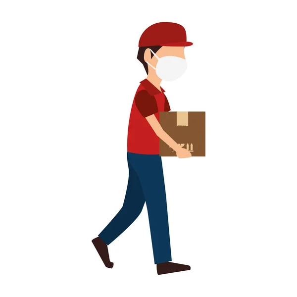 Delivery worker using face mask with box carton — Stock Vector