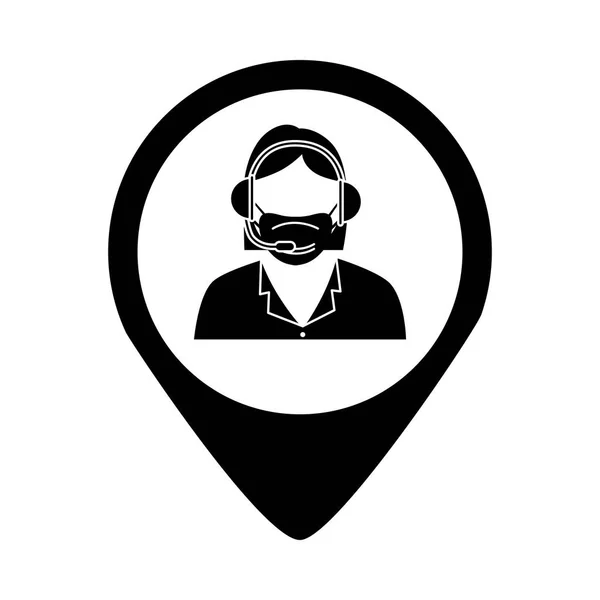 Centro de llamadas agente mujer con máscara facial en la ubicación del pin — Archivo Imágenes Vectoriales