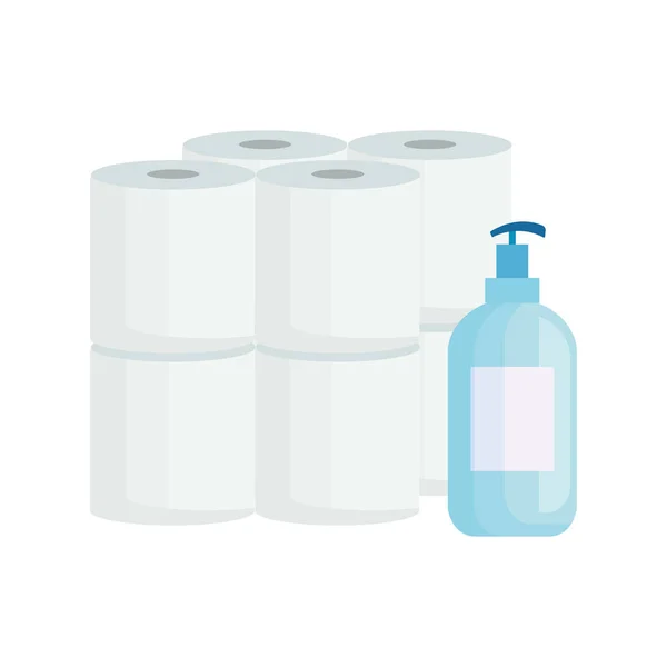 Set Toilettenpapier mit antibakteriellen Flasche isolierte Symbole — Stockvektor