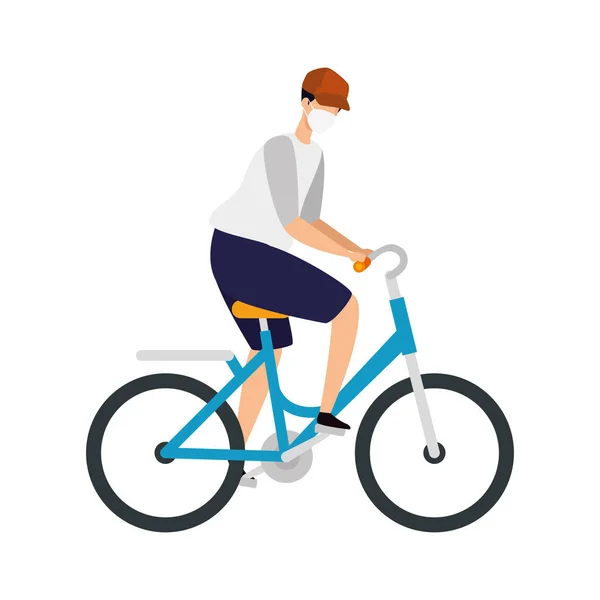 Hombre joven con mascarilla en bicicleta — Vector de stock