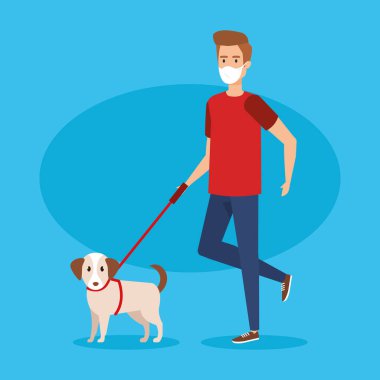 Yüz maskesi ve köpek maskotu olan genç bir adam.