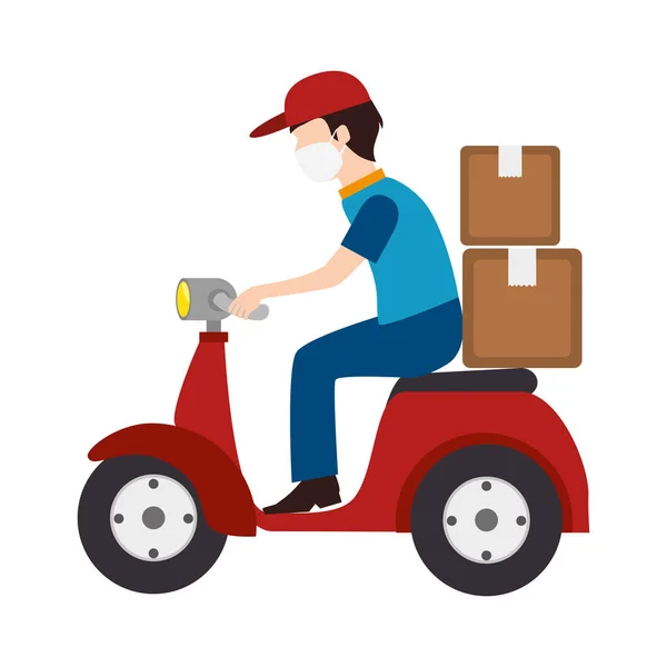 Trabajador de entrega con mascarilla facial en motocicleta con cajas de cartón — Vector de stock