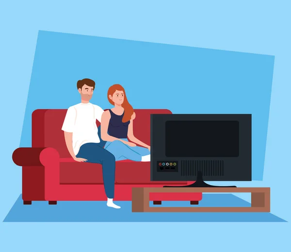 Campaign stay at home with couple watching tv — Stock Vector