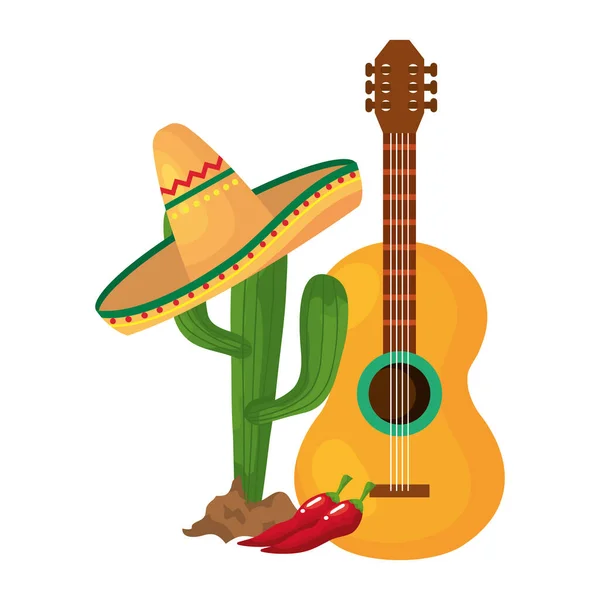 Geïsoleerde mexicaanse cactus met hoed en gitaar vector ontwerp — Stockvector