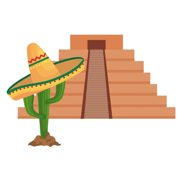 Pirámide y cactus mexicanos aislados con diseño de vector de sombrero — Archivo Imágenes Vectoriales