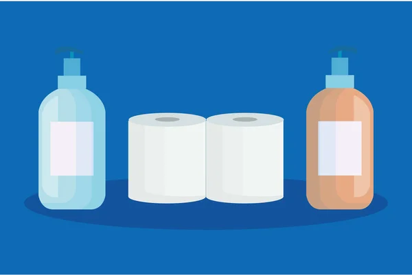 Set papier toilette avec bouteille antibactérienne icônes isolées — Image vectorielle