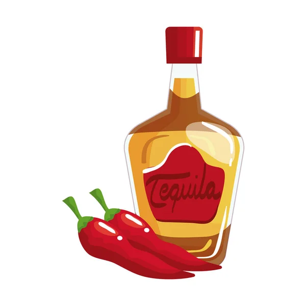 Izolované mexické tequila láhev a chillis vektor design — Stockový vektor