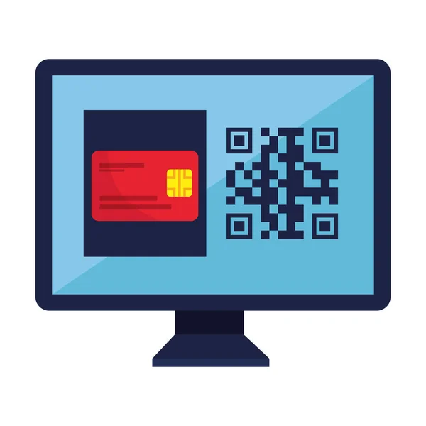 Código qr dentro do computador e design de vetor de cartão de crédito — Vetor de Stock