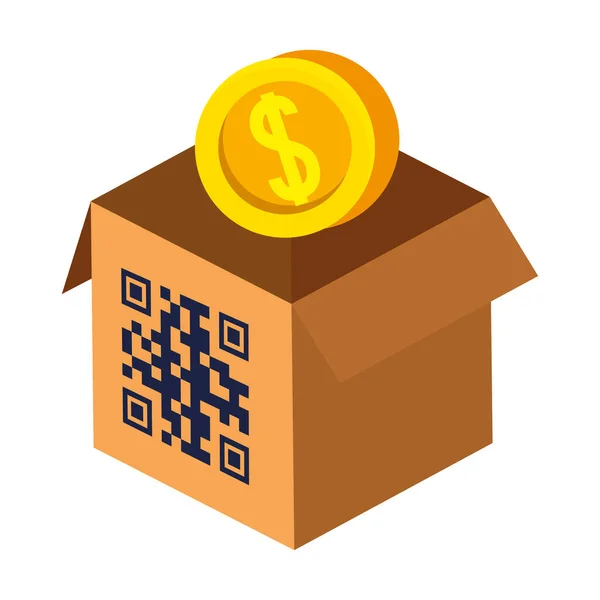 Qr código sobre caixa e design de vetor de moeda — Vetor de Stock