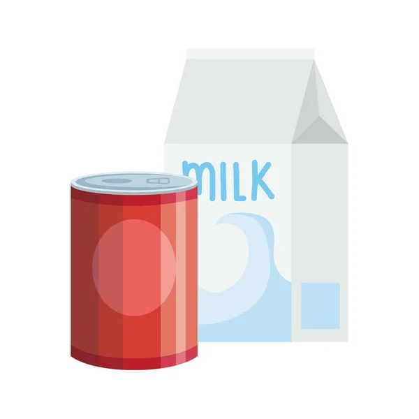 Jídlo v plechovce s krabicí mléka izolované ikony — Stockový vektor