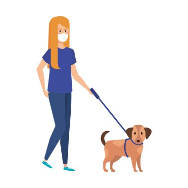 Yüz maskesi ve köpek maskotu olan genç bir kadın.