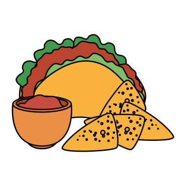 İzole Meksika taco cipsi ve kase vektör tasarımı.