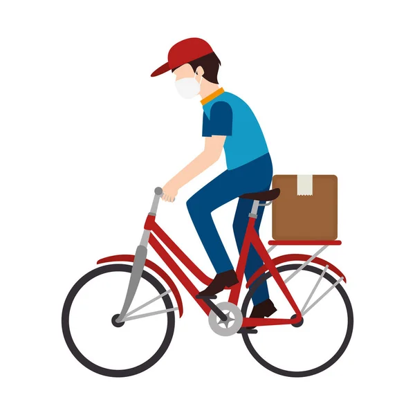 男工在自行车上戴口罩，盒装纸箱 — 图库矢量图片