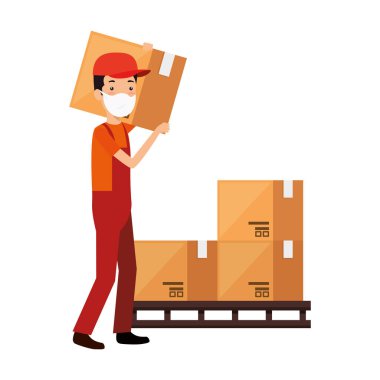 Kutulu yüz maskesi kullanan teslimatçı.