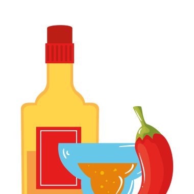 İzole edilmiş Meksika tekila şişesi biber ve kokteyl vektör tasarımı